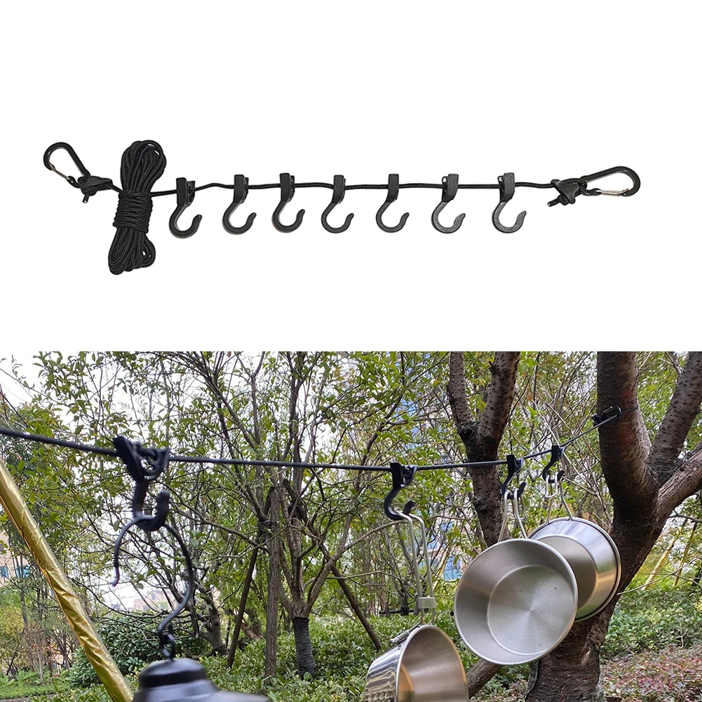Camping Clothesline Non-slip Camping Hanger Rope Portable Travel Windproof Adjustable with 7 Hooks for Home Picnic Hiking