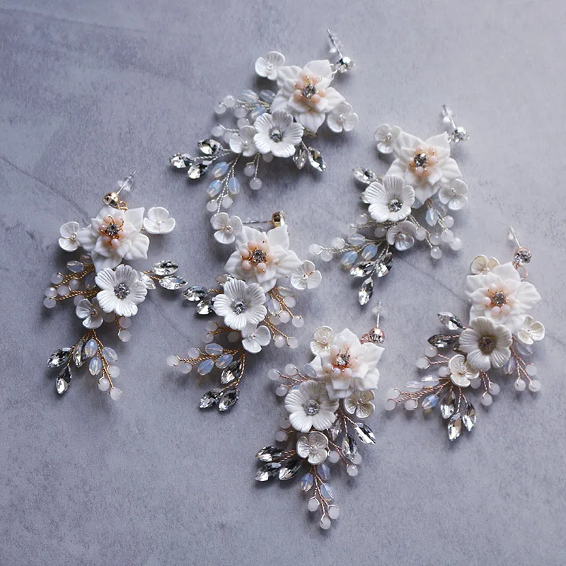 

Ceramic Flower Bridal Earrings Wedding Jewelry Rose Gold Color Handmade Women Drop Earring