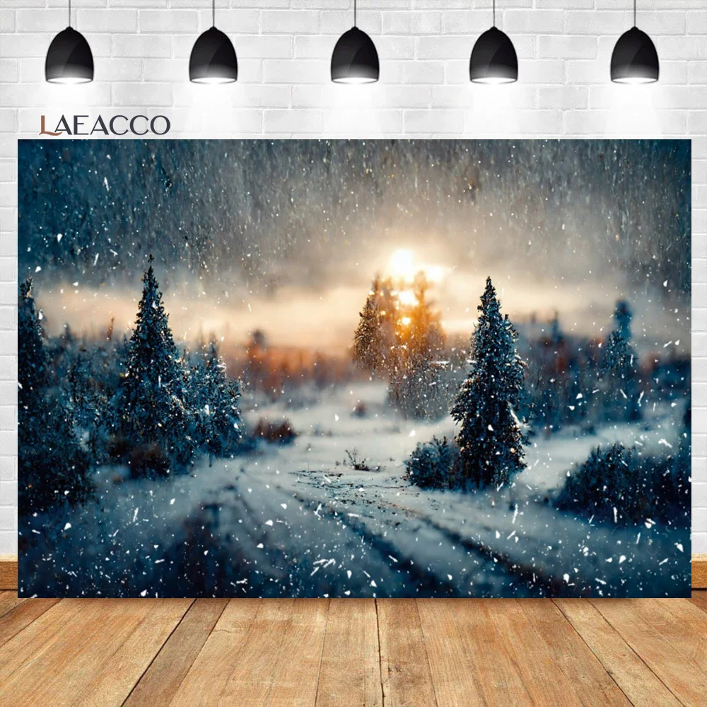 

Laeacco Winter Dusk Forest Wonderland Photo Backdrop Pine Tree Snowflake Scene Family Christmas Portrait Photography Background