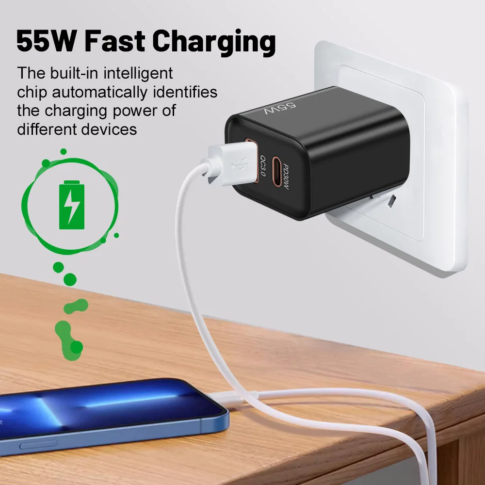 Total 55W USB C PD 30W Fast Charger for iPhone 15 14 13 Samsung Huawei Mate60 Nova Xiaomi OPPO POCO Quick Charging Power Adapter