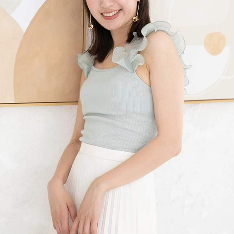 

Japanese Slim Fitting Sleeveless Vintage Elegant Sexy Tops Sweet Ruffles Knit Vest Women Autumn 2023 New Simple Casual Tank Tops