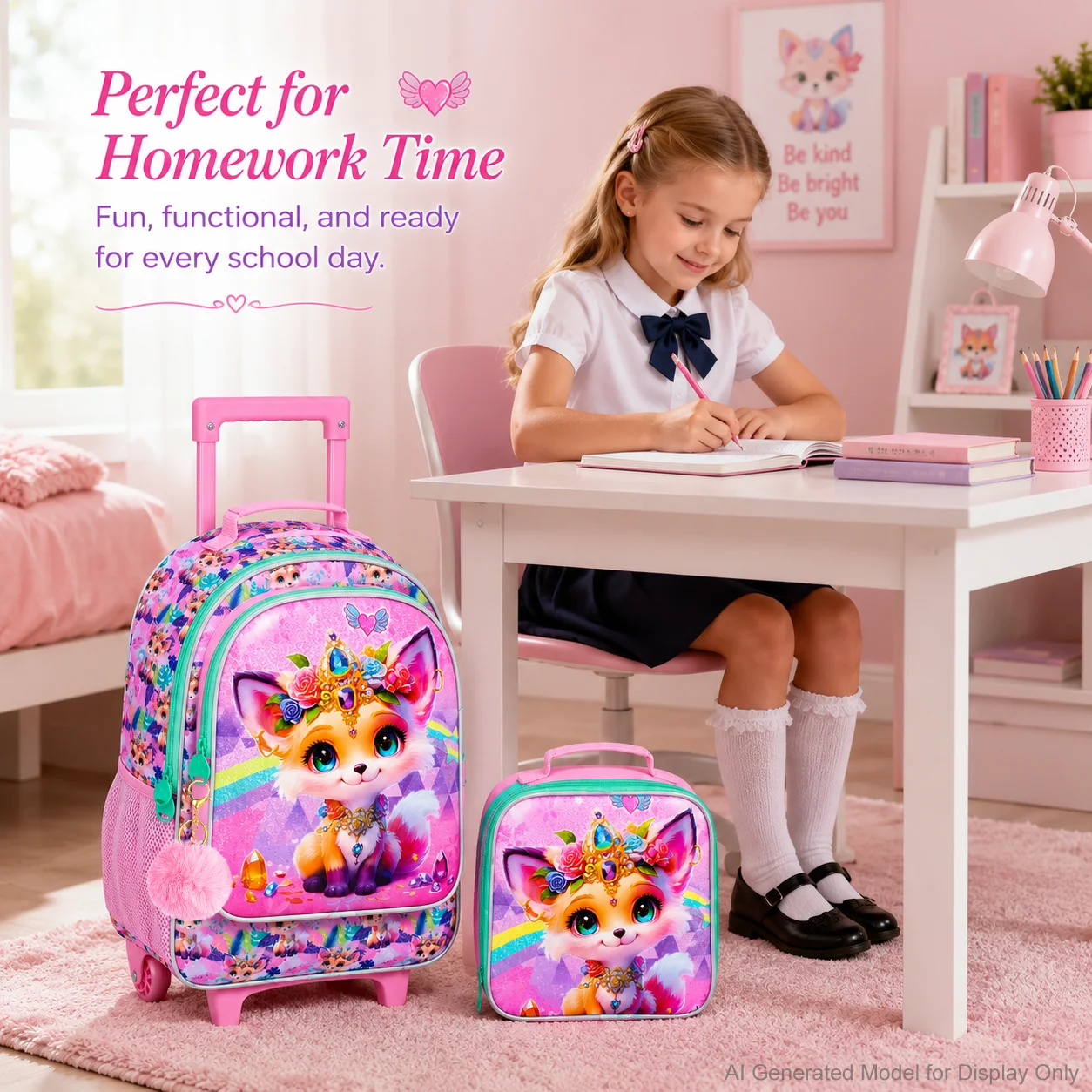 3Pcs Rolling Backpack for Girls, Kids Roller School Backpack with Wheels, Fox Wheeled Bookbag for Elementary Preschool Kindergar