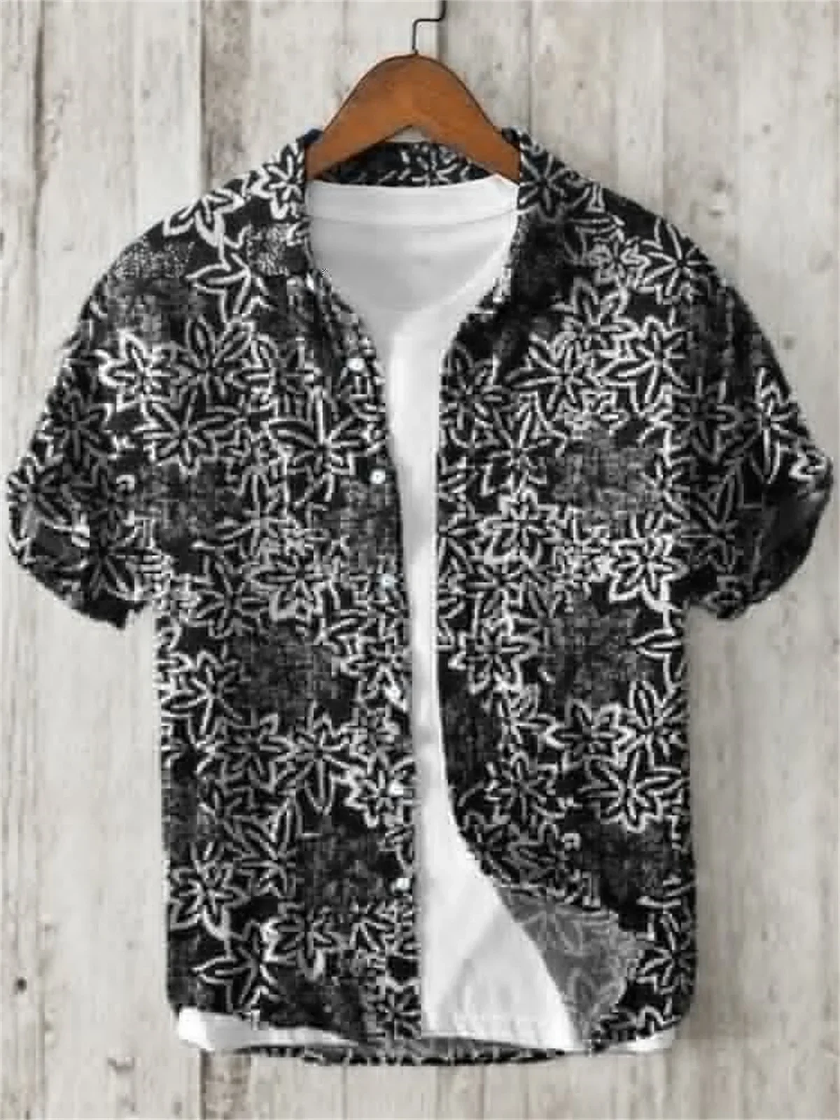 Linen Cotton Printed Shirt, Short Sleeved Lapel, Single Breasted Hawaiian Vacation Shirt, Cherry Blossom Retro Art 5