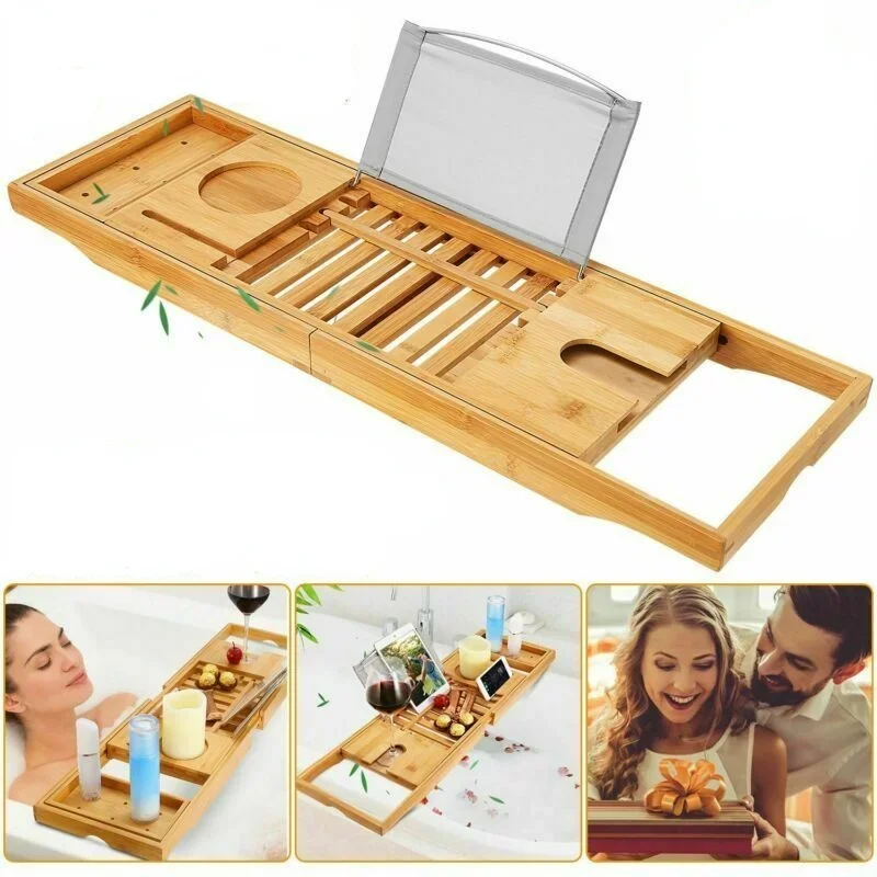 Bathtub Tray Bamboo Bath Tub Rack Bathroom Cloth Tablet Phone Holder Shelf Bamboo Tray Take a Bath Scalable Bathtub Rack