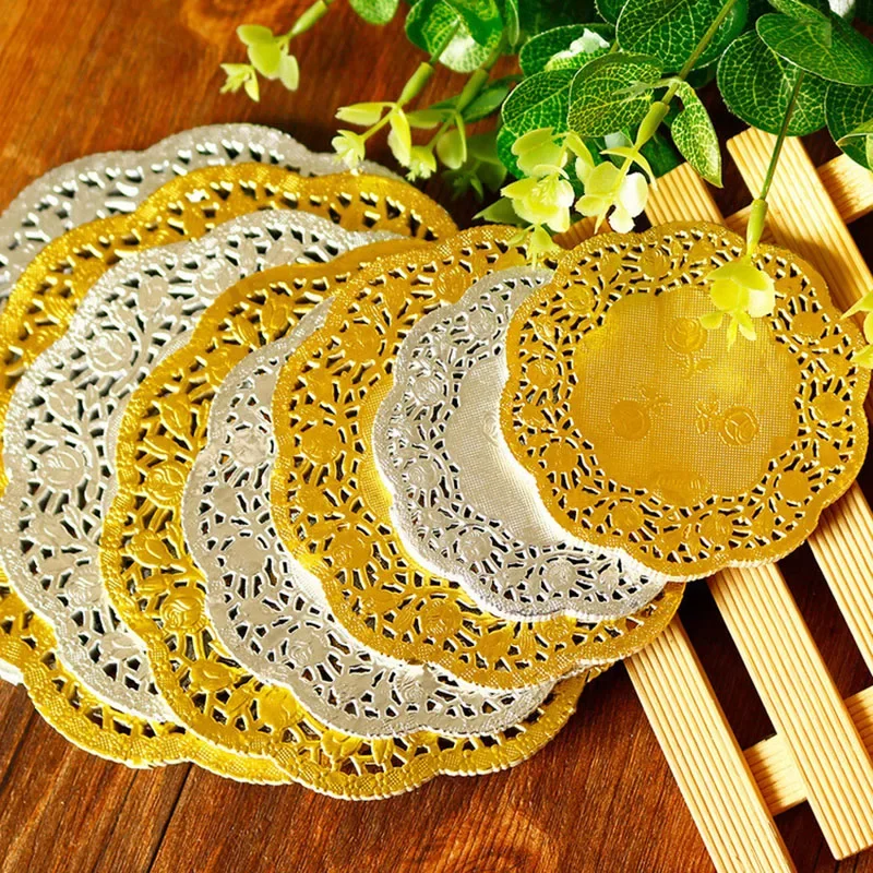 Round Paper Doilies Golden Silver Lace Kitchen Wedding Party Decorative Baking Placemat Tea Coffee Doily Handmade Pad 50pcs paper doilies