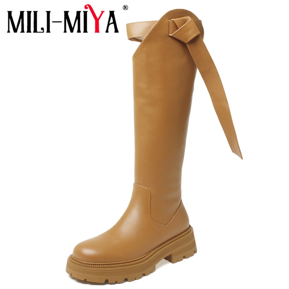 

MILI-MIYA Fashion Brand Design Women Cow Leather Knee High Snow Boots Solid Color Round Toe Zippers Thick Heels Warm Plus Winter