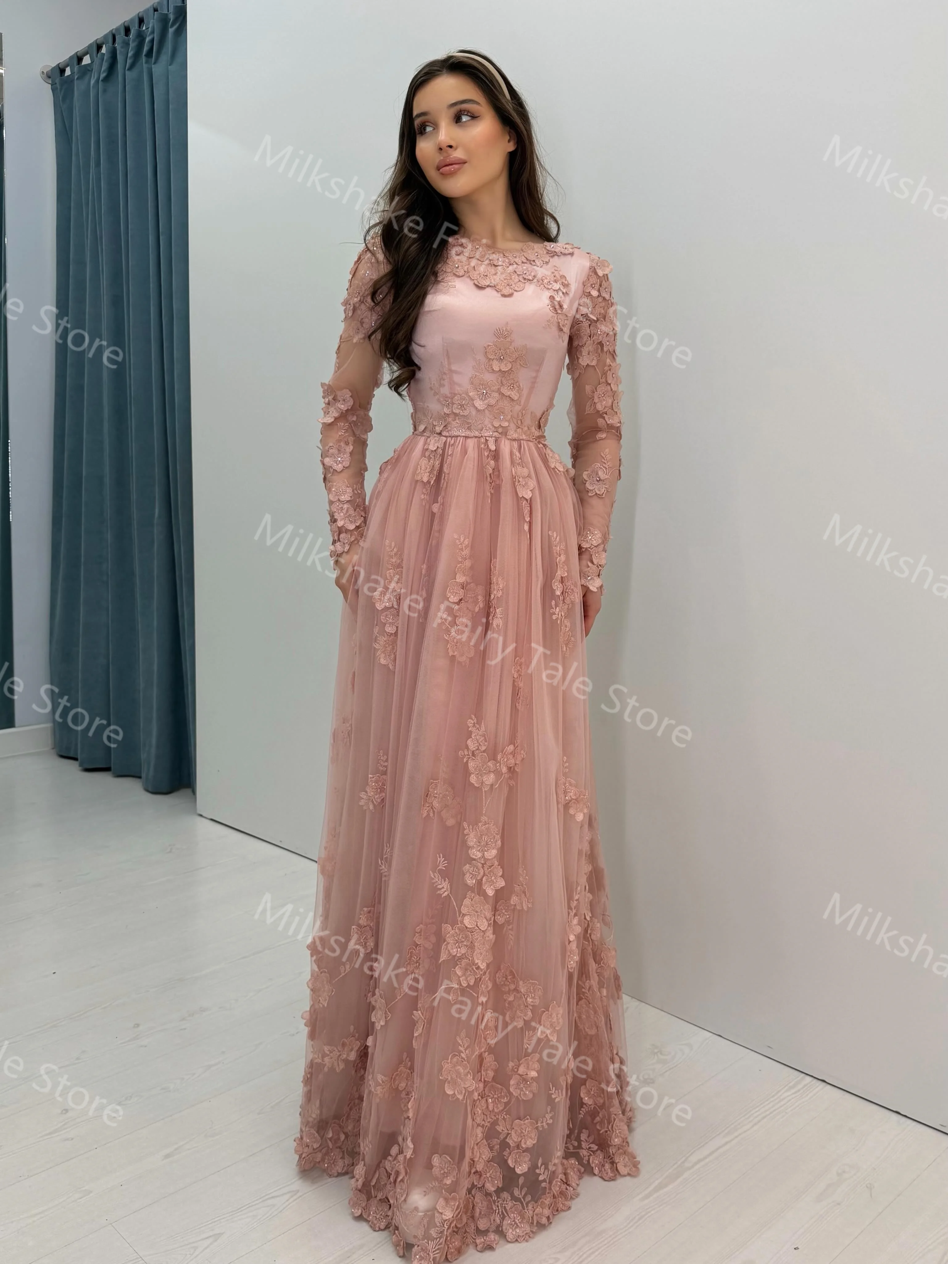 Glamorous Pink Prom Dresses Charming Lace Long Sleeves Evening Dresses Floral Appliqued Customized Special Occasion Dresses - 2