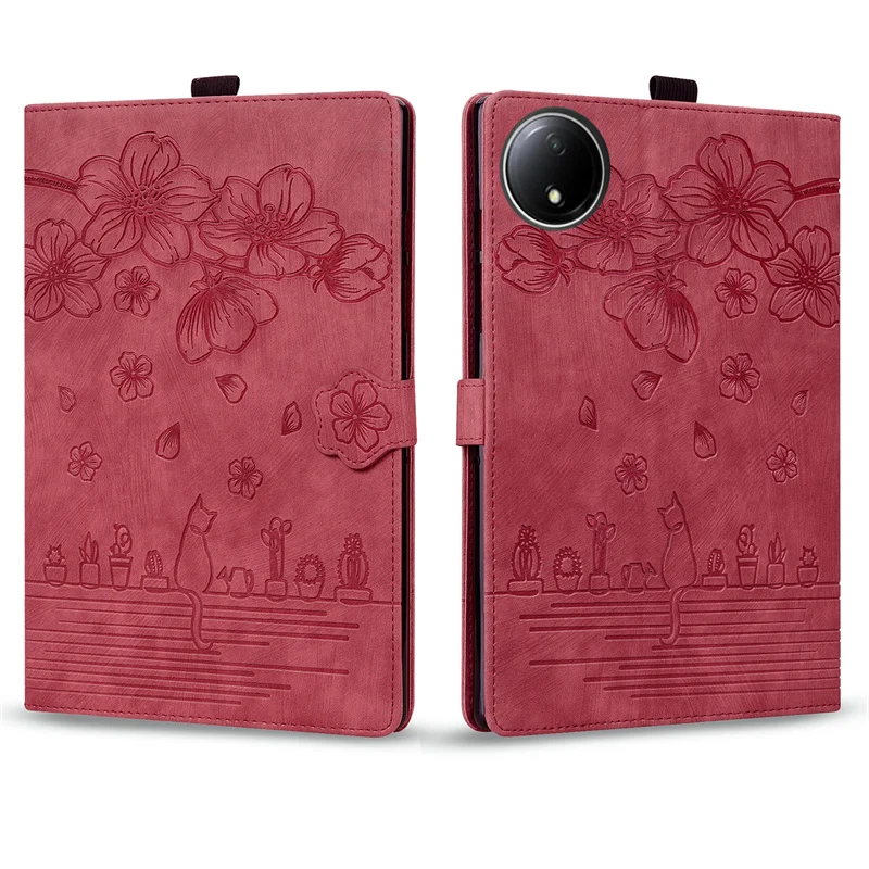 Embossed Flower Cat Wallet Flip Case for 8.7 Inch Tablet - Kids & Girls Edition