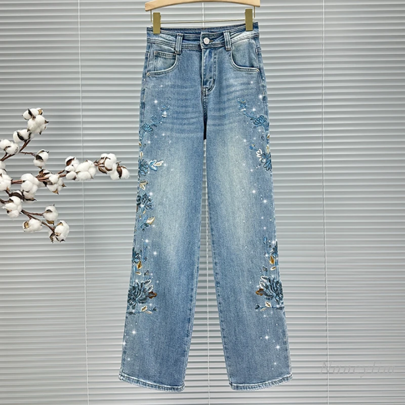 chinese-style-embroidery-rhinestone-jeans-for-women-mop-trousers-2024-new-spring-high-waist-loose-all-match-wide-leg-pants