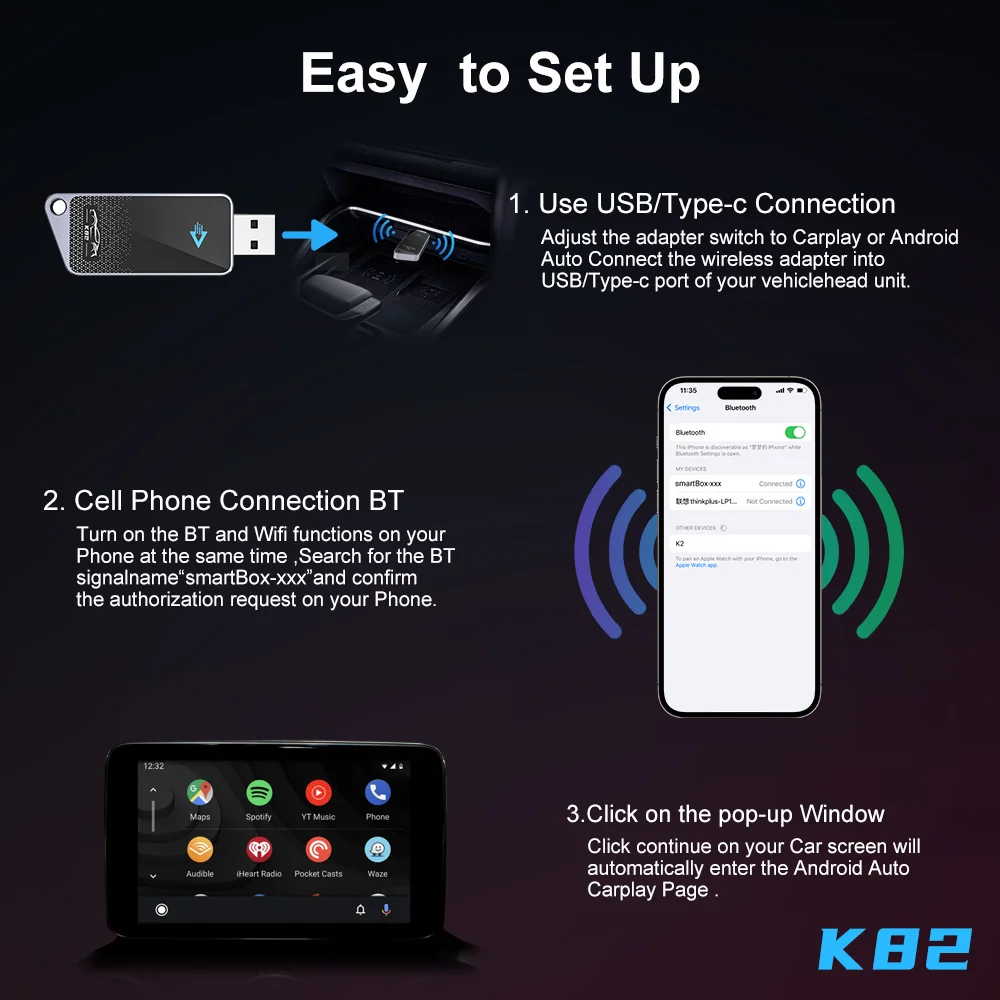 2in1 Wired to Wireless CarPlay Android Auto Adapter for Plug