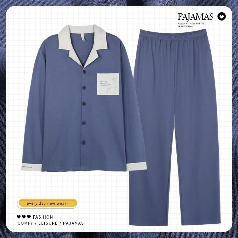 2024 New Pajama Men Spring Autumn Long-sleeved Cotton Sleepwear Loose Plus Size Simple Homewear Suit V-neck Loungewear