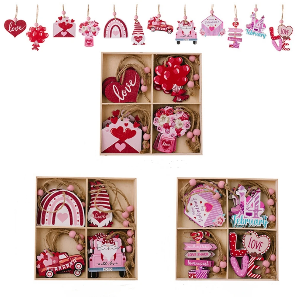 Ornamenti Appesi In Legno Di San Valentino, Decorazioni Di San Valentino Da 12 Pezzi, Mini Ornamenti Di San Valentino Fette Di Legno Con Corde