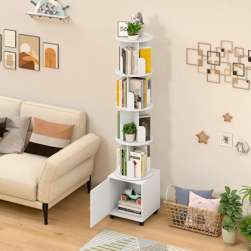 

Rotating bookshelf, 360 display floor standing bookshelf storage tower, 5-story children's corner bookshelf