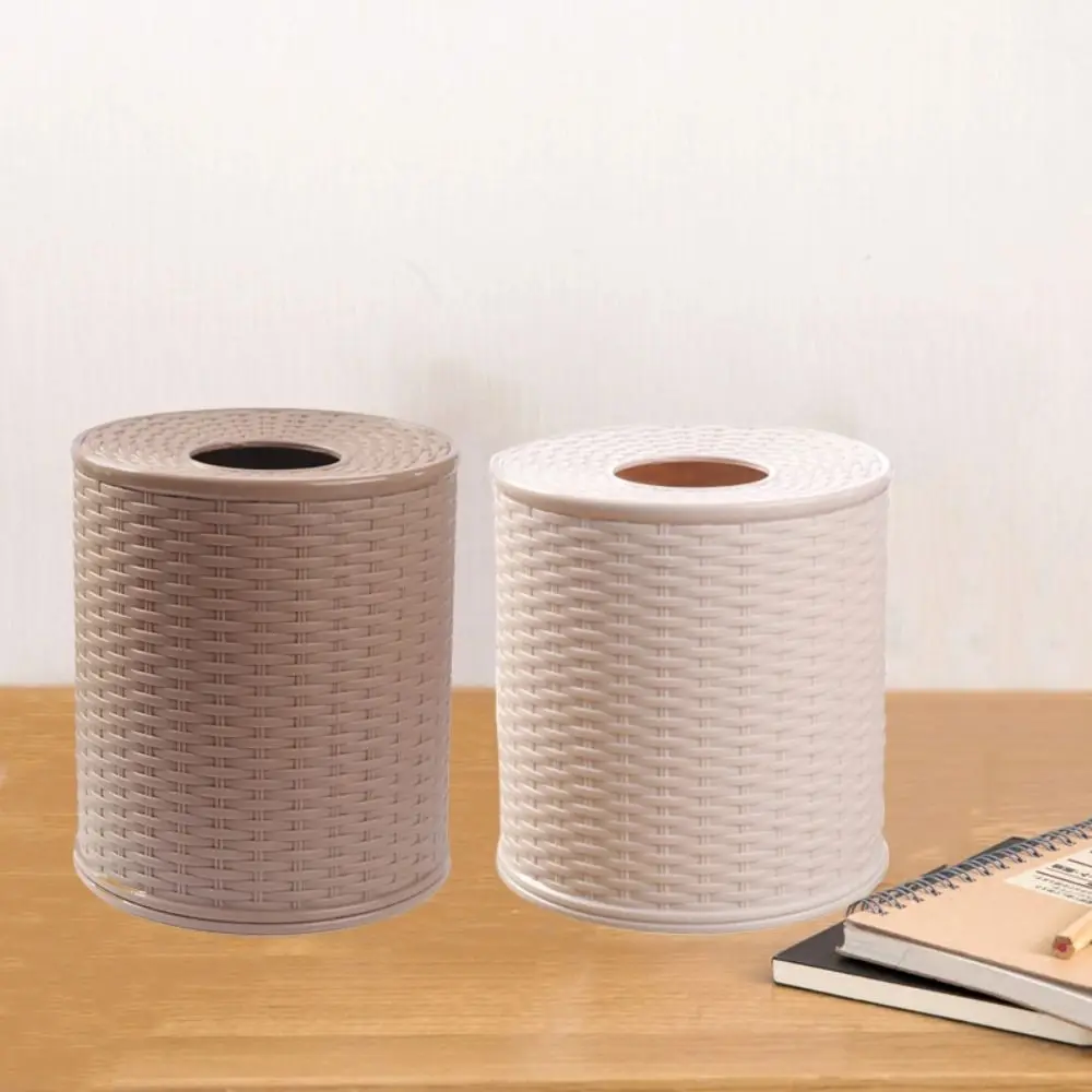 Beige/Dark Brown Simulation Rattan Tissue Storage Box Decorative Dustproof Roll Paper Rack Container Round Plastic Tissue Box 5