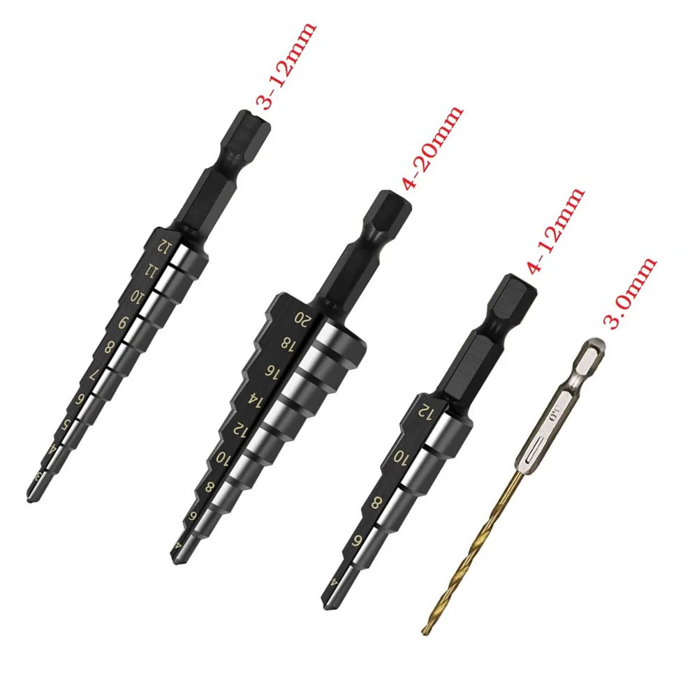 3PC HSS Straight Groove Step Drill Bit Set Nitride Coated Wood/Metal Hole Cutter Drill 3-12mm 4-12mm 4-20mm Drilling Cutter Tool