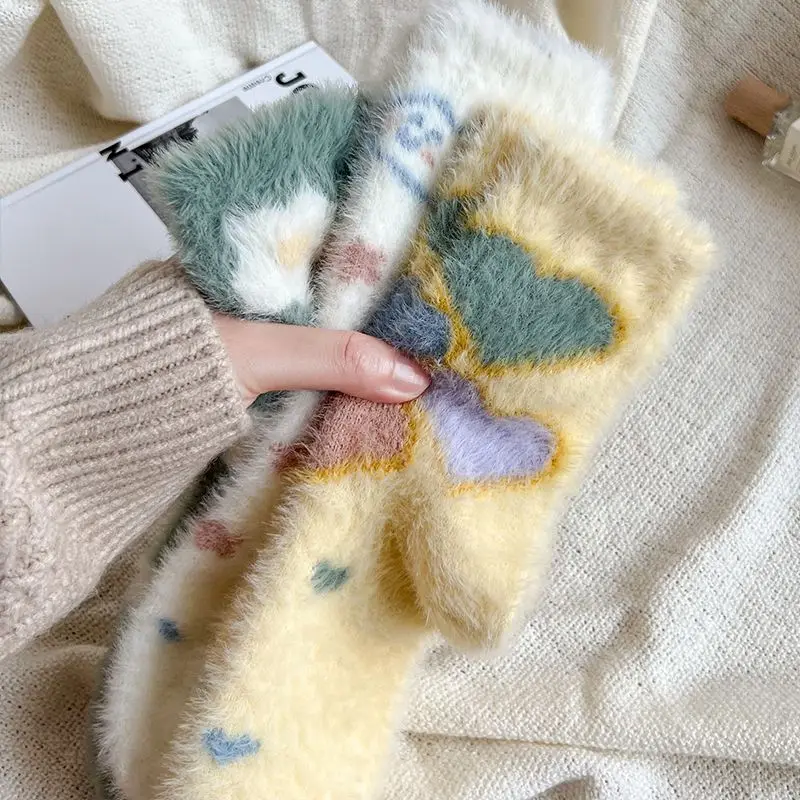 

Women Fluffy Fuzzy Floor Sleep Socks Cartoon Autumn Winter Middle Tube Thick Socks Female Girl Cute Cartoon Star Short Crew Sock