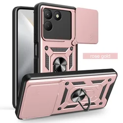 Enhanced Armor Hybrid Metal Ring Holder Back Cover with Camera Protection for Tecno Pova 4 Pro (Rose Gold)