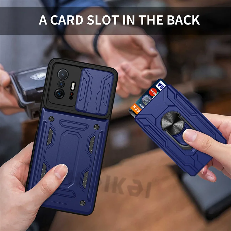 Detachable Card Holder Phone Case For Xiaomi 11T 11 Pro Redmi Note 11 10 Poco X3 Pro Max Slide Stand Kickstand Ring Camera Cover