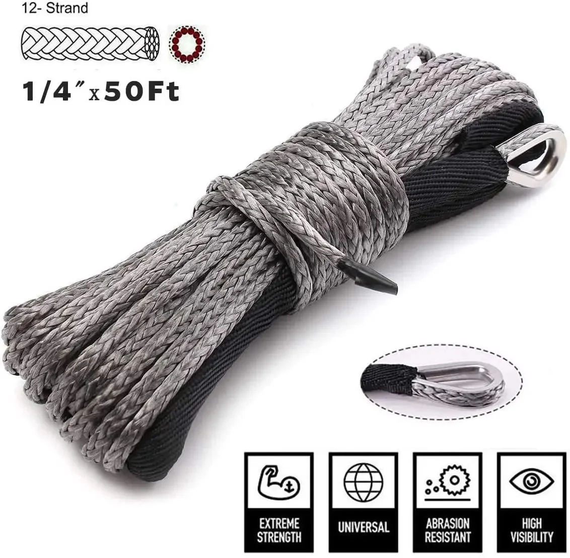 6mm 15m 4T Synthetic Winch Rope Tow Car Accessories Off Road Trailer Strap Breaking Strength 4500LBS-5500LBS For ATV UTV Vehicle
