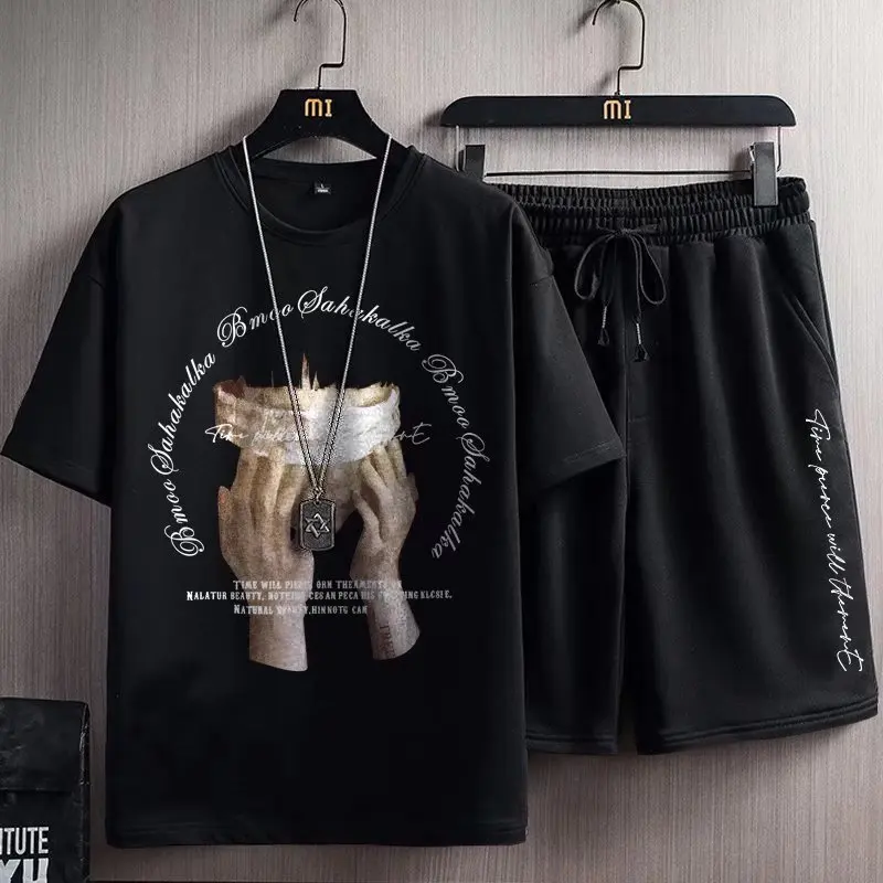 

Men Short Sets Japanese Harajuku High Street T-shirt Shorts Beauty Print Top Two Piece Set Summer Sweat Pants Men Clothing
