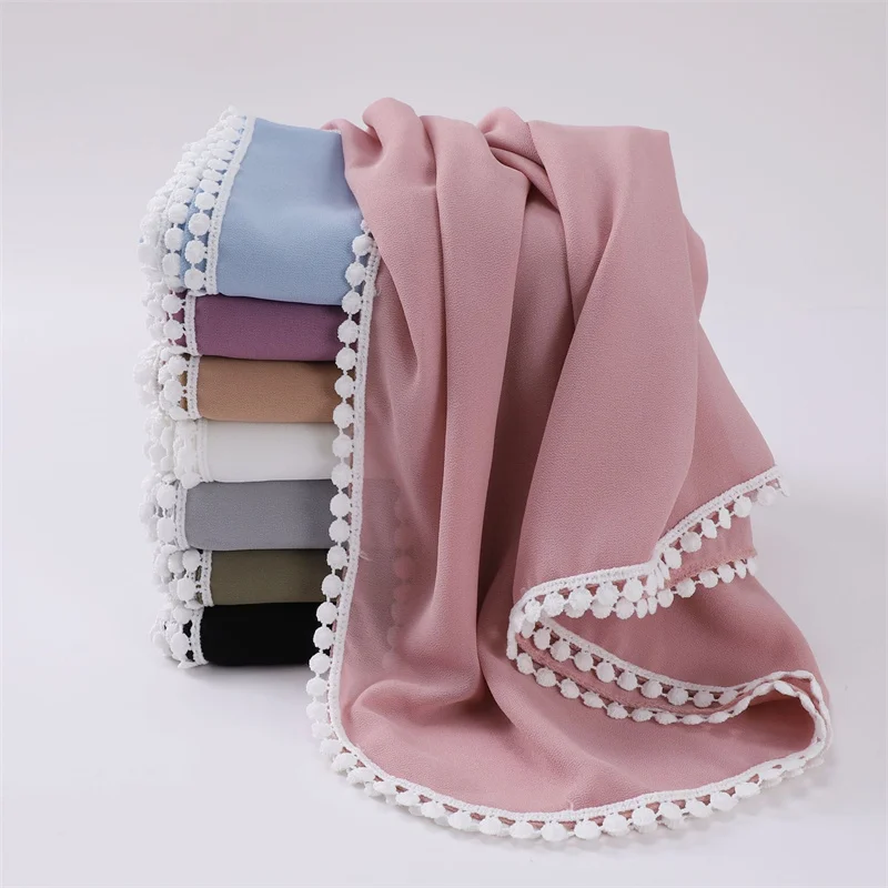 Muslim Bubble Chiffon Hijab Shawls Plain Lace Floral Chain Wrap Islamic Ramadan Hijabs Scarves Lady Beach Veil Sjaal 180*70Cm women muslim bubble chiffon high quality hijab shawls stitch necklace floral wrap islamic ramadan hijabs scarves lady veil sjaal