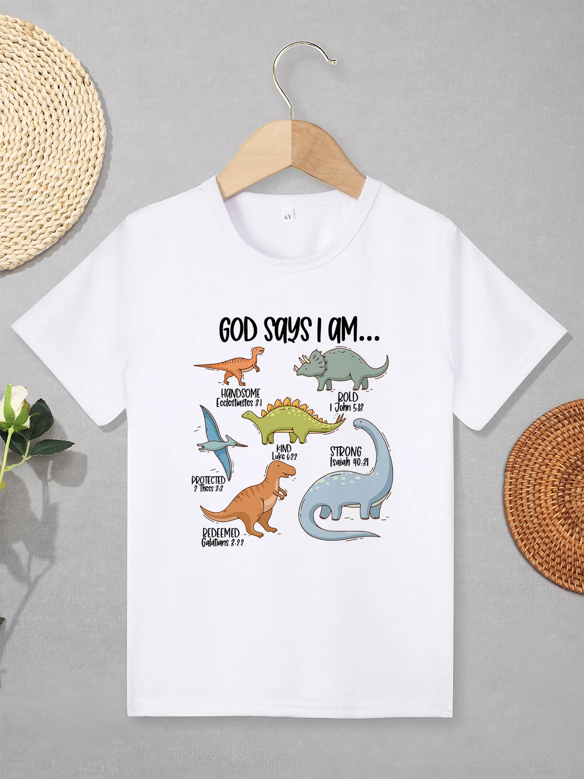 

“God Says I am...” Fun Cute Boys Clothes Cartoon Dinosaurs Print Fashion Summer Kids T-shirt Urban Casual Streetwear Dropship