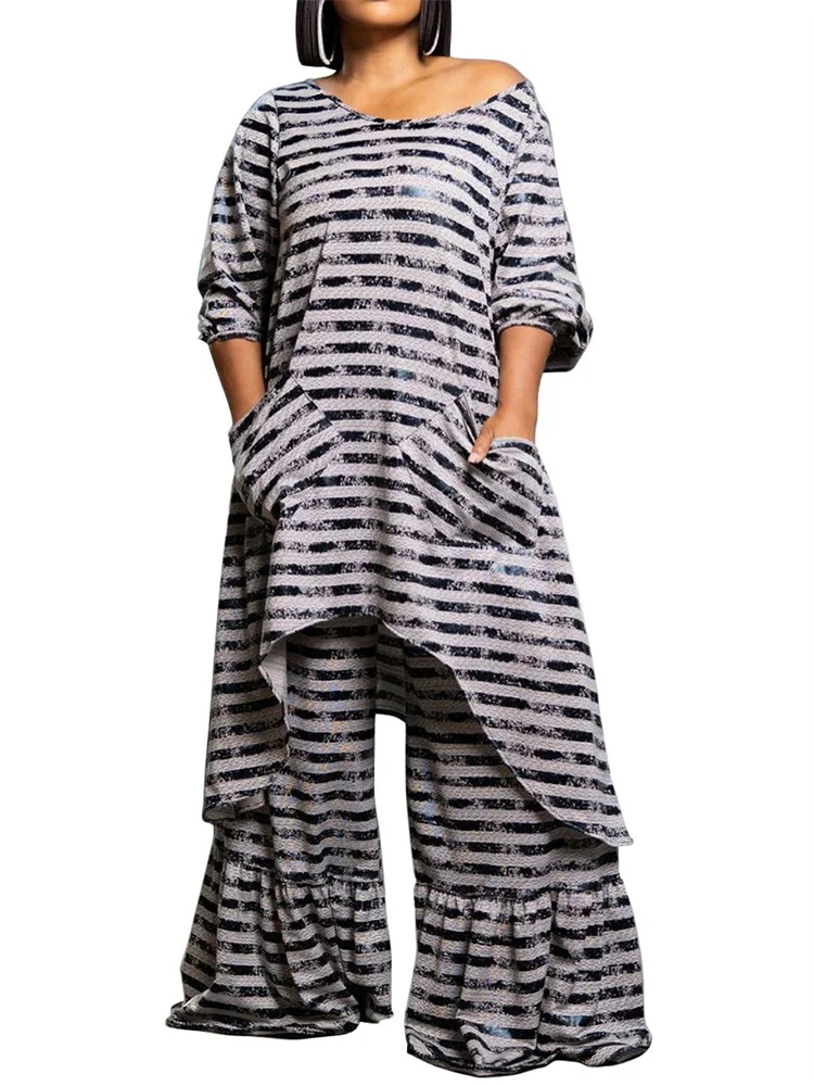 Wmstar Plus Size Two Piece Women Clothing Long Sleeve Long Top and Pants Sets Striped Matching Set Wholesale Dropshopping 2024