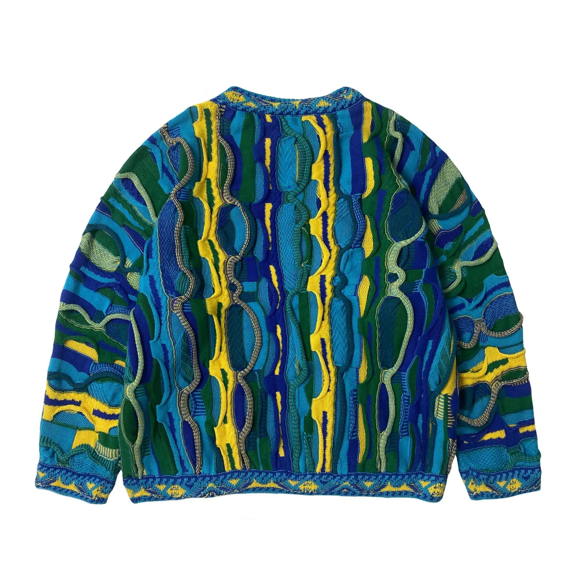ABOORUN Men's 3D Bitter Melon Pattern Contrast Color Sweaters Heavy Industrial Pullover Knitwear for Male 4