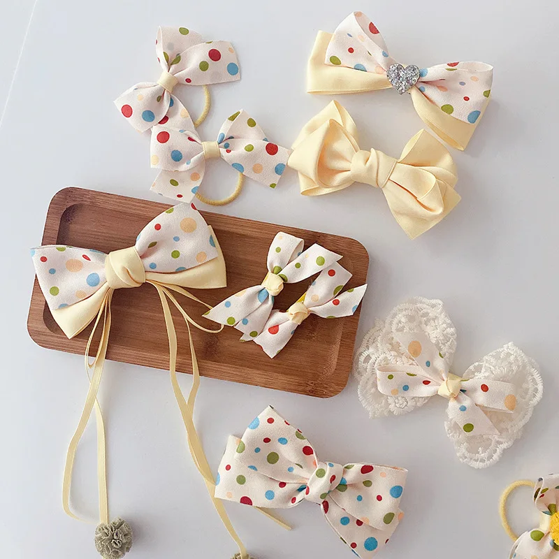 

Korean Yellow Fabric Bow Hair Pin Handmade Sweet Dot Hair Clips for Girls Headwear Headdress Kids Hair Accessories