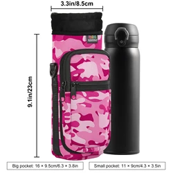 Portable Water Bottle Carrier Bag with Adjustable Strap and Dual Pockets (Camouflage Pink)