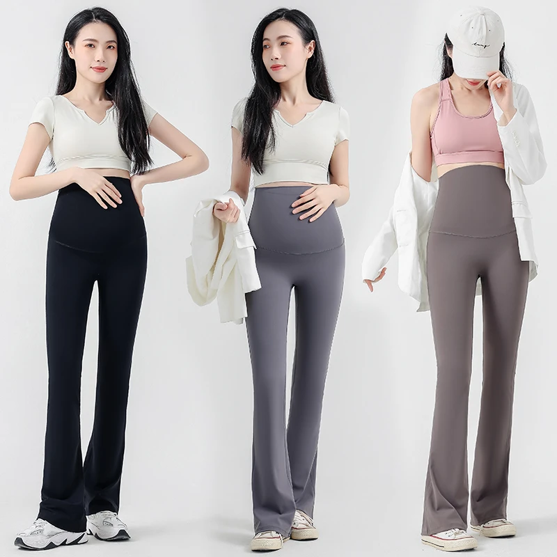 Spring Summer Fashion Slim Maternity Flare Pants Seamless High Waist Sharkskin Boot Cut Yoga Leggings for Pregnant Women