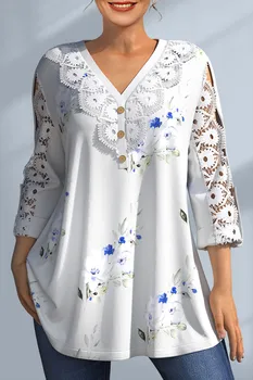 Plus Size Floral Print Blouse Lace Patchwork V Neck