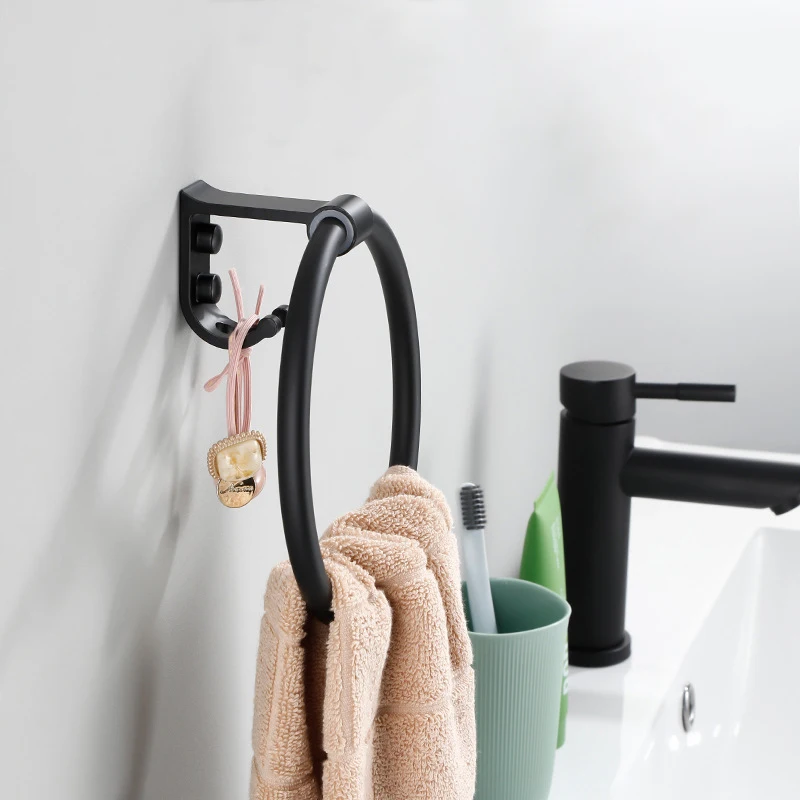 Matte Black Bathroom Towel Holder Space Aluminium Towel Ring Wall Mounted Storage Shelf Hanger Rack Kitchen Accessories
