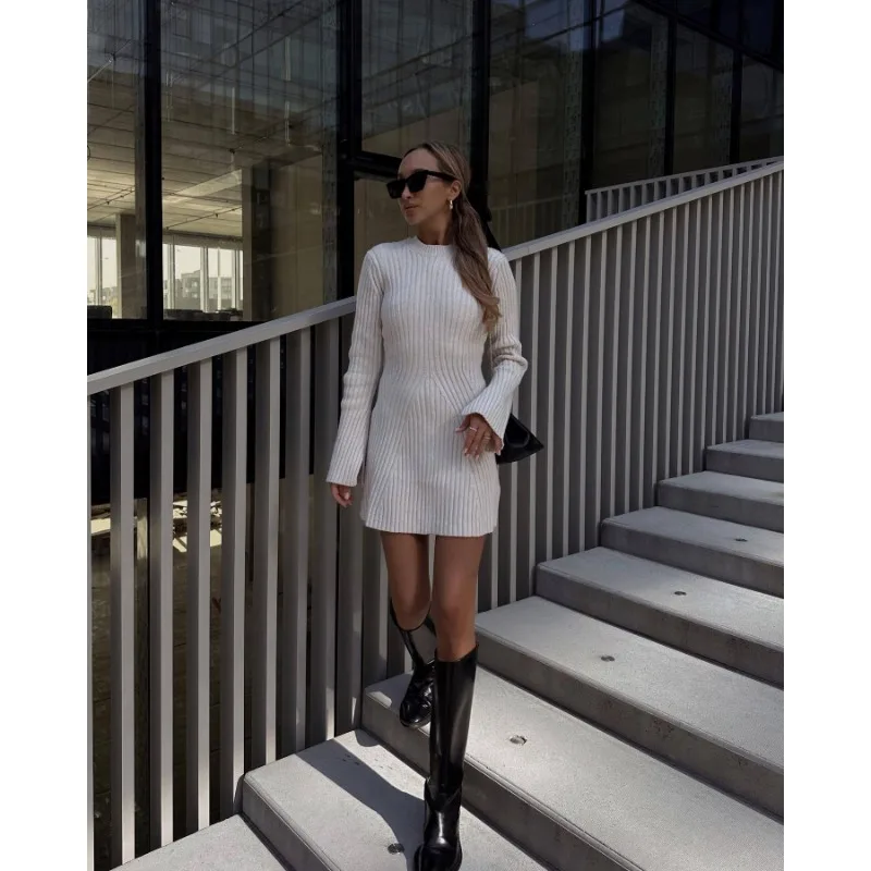 Hollow Out Ribbed Knitwear Mini Dress Female Sexy Loose High Waist Patchwork Party Dress Casual Elegant Knit Women Dress