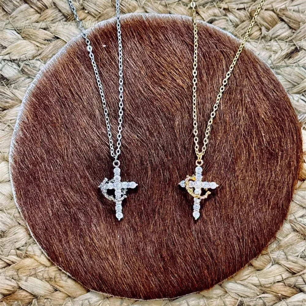 White Zircon Classic Cross Crown Pendant Necklaces For Women Vintage Gold Silver Color Chain Wedding Jewelry Mother's Day Gifts