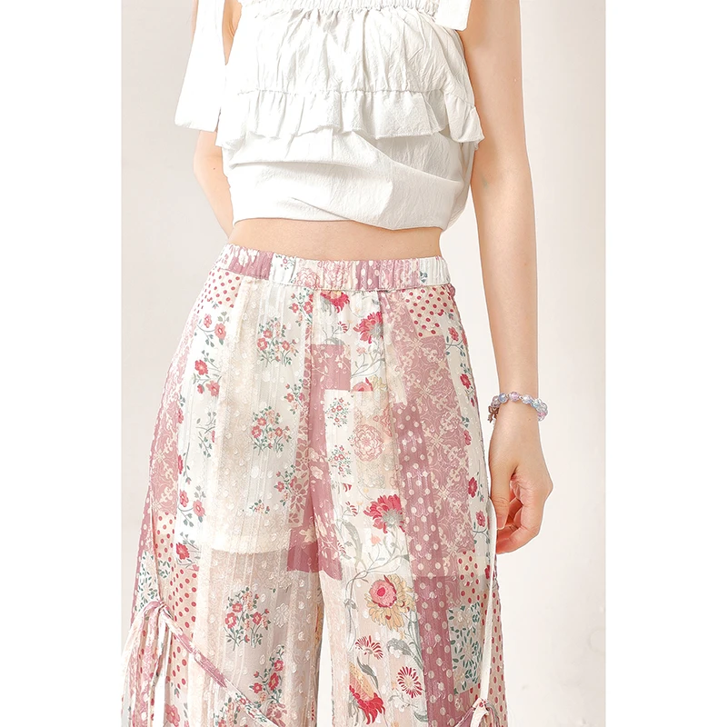 사용자 정의 핑크 아이스 실크 부츠 컷 바지 여성 여름 얇은 캐주얼 하이 웨이스트 플레어 슬리밍 긴 바지 여성을위한