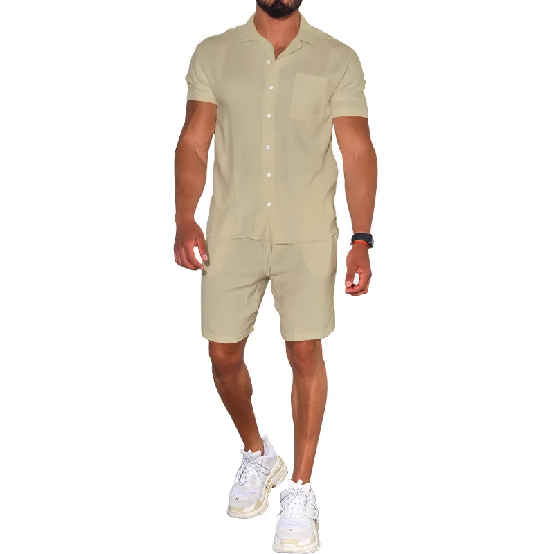 Summer Men's Lapel Solid Color Short-sleeved Shorts Suit