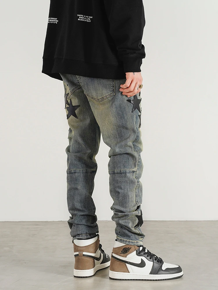 Star Appliques Denim Jeans Skinny Trousers Slim Fit Men New Casual Biker Jeans Fashion Streetwear Hip Hop Trousers Pants Joggers