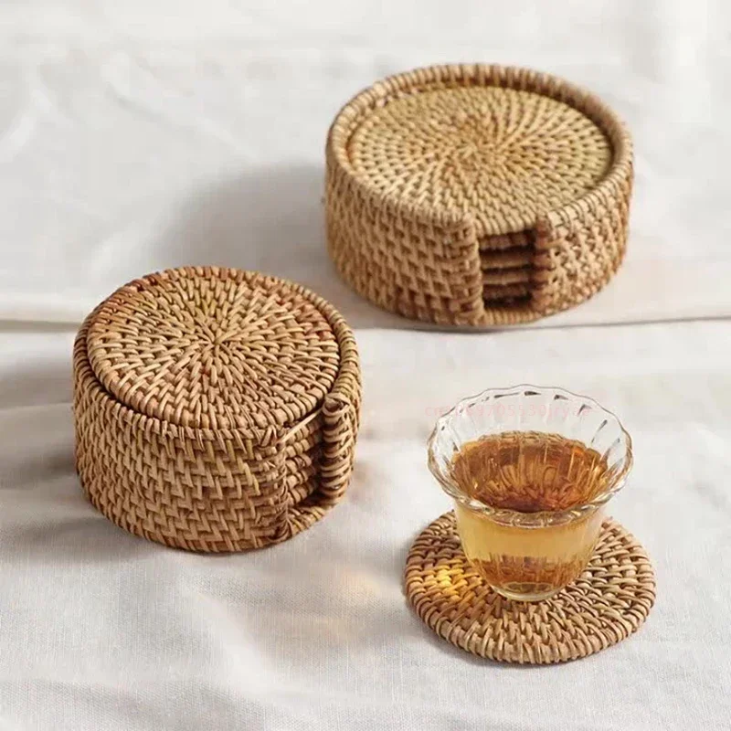 

1set Rattan Coaster Table Natural Woven Rattan Cup Coaster Drink Mug Pot Tea Coffee Placemat Handmade Kitchen Accessories