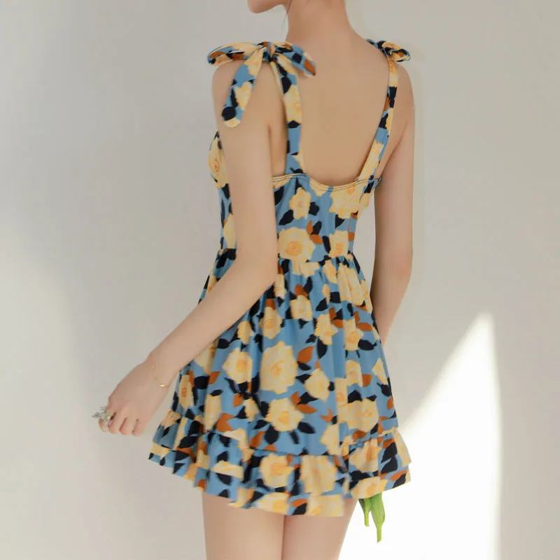 Female Korean Sexy Printed Monokini One-Piece Suits 2023 Summer Fashion Square Collar Sling Swimwears High Waist Swimsuit Women