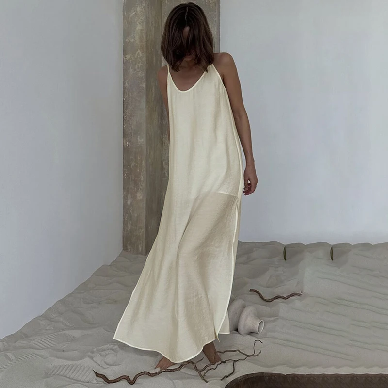 HiLoc Loose White Long Dress Robe V Neck Dresses Sleeveless Straight Robes...