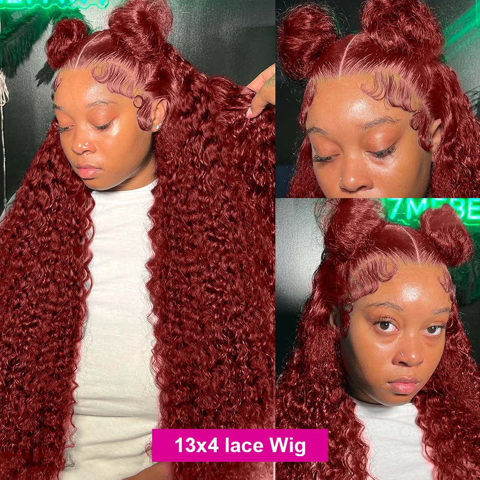 220% Red Colored Deep Wave Lace Frontal Wig Brazlian 30 34 Inch 99J Burgundy Curly 13x4 Lace Front Wigs Human Hair For Women