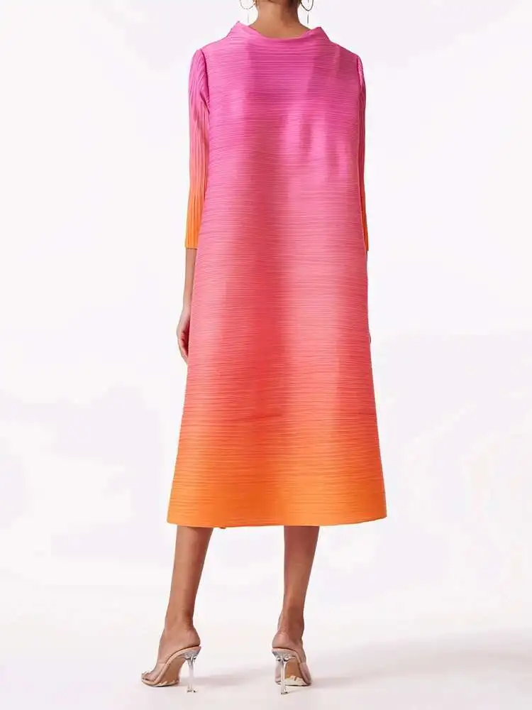 LANMREM Fashion Pleated Dress Gradient Color Women Turtleneck Long Sleeves Pink Orange Dresses Female Clothing 2024 New 2YA773b - Image 3