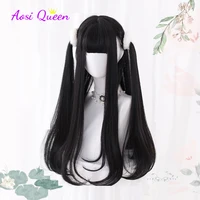 AS – perruque synthétique noire longue et lisse avec frange pour femme, perruque de Cosplay Lolita noire, cheveux naturels résistants à la chaleur 3