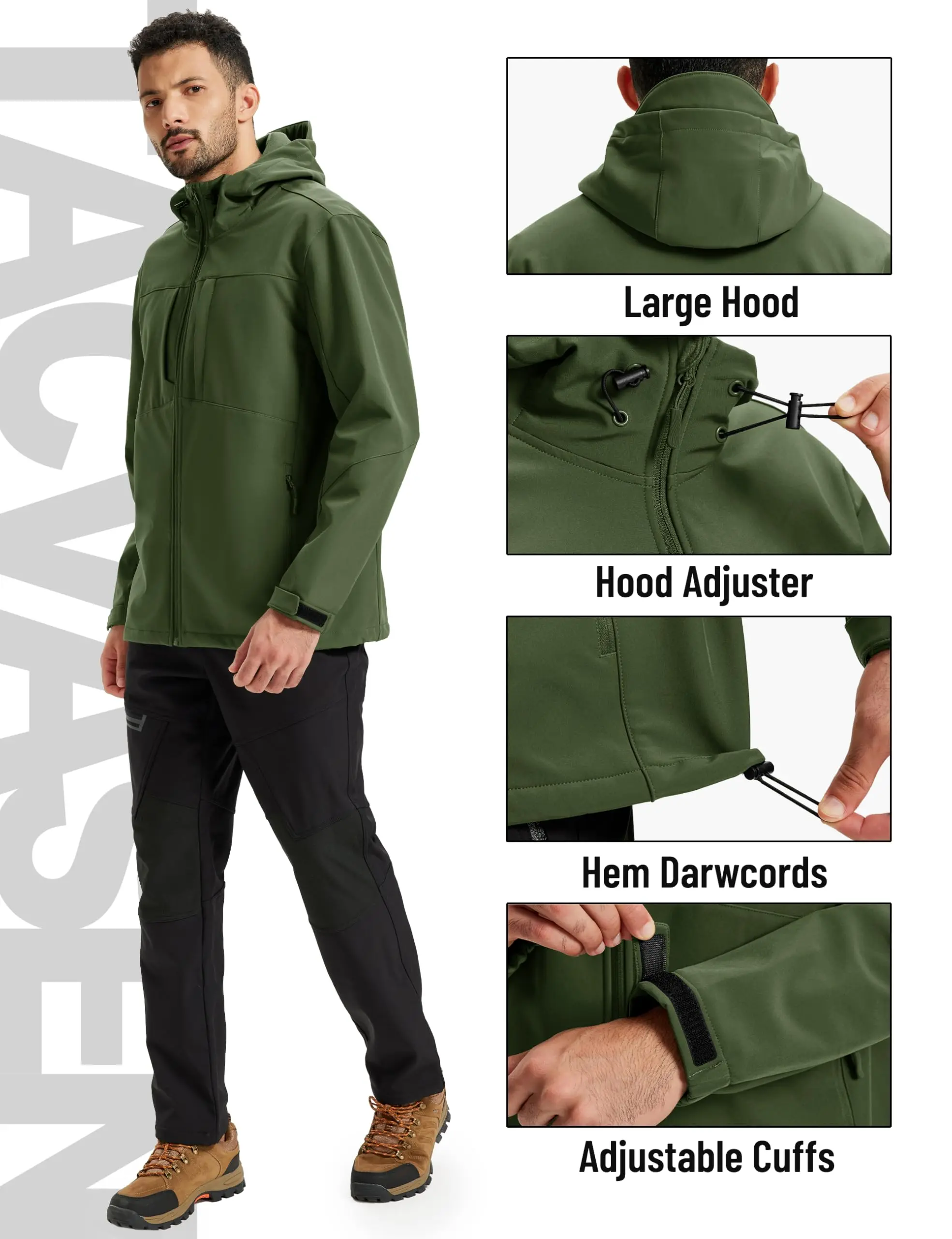 سترة TACVASEN للرجال من الصوف الناعم مع غطاء محرك السيارة معطف مقاوم للماء سترة واقية شتوية خفيفة الوزن سترات مطر للعمل والمشي لمسافات طويلة في الهواء الطلق