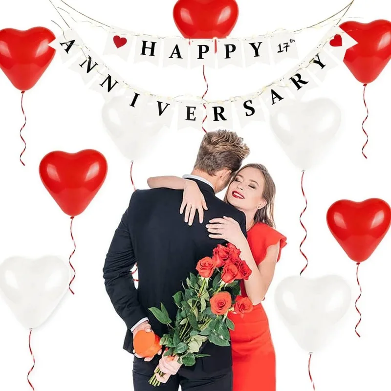 White Anniversary Party Banner Decorations Red Heart Balloon LED String Light Vintage Anniversary Party Supplies
