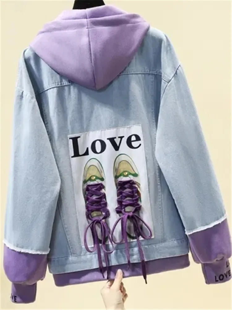 

Women Denim Jacket Fashion Spring Autumn Hoodie Korean Letter Harajuku Join Together Loose Short Student Coat Printing Street