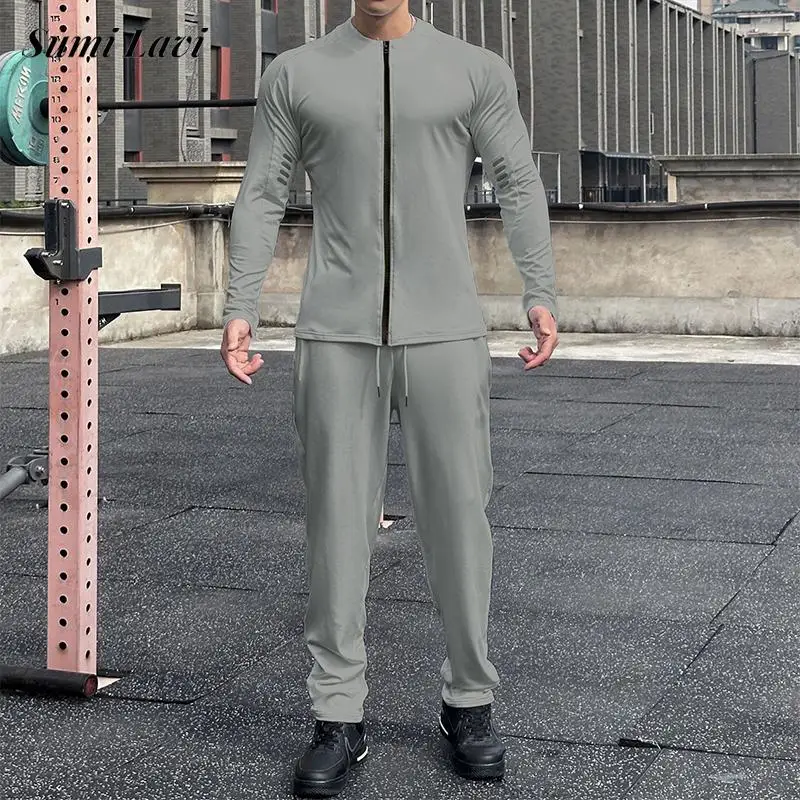 

Sports Fitness Two Piece Sets Mens Fleece Liner Tracksuit Fall Winter Long Sleeve Tops And Pants Suits Men Casual Pure Color Set