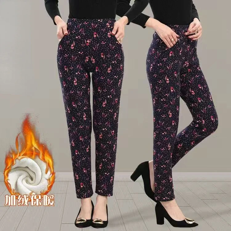 

80kg Wear Autumn Winter Middle Age Women Thick Velvet Leggings Female Mom High Elastic Print Flower Trouser Warm Pants A51