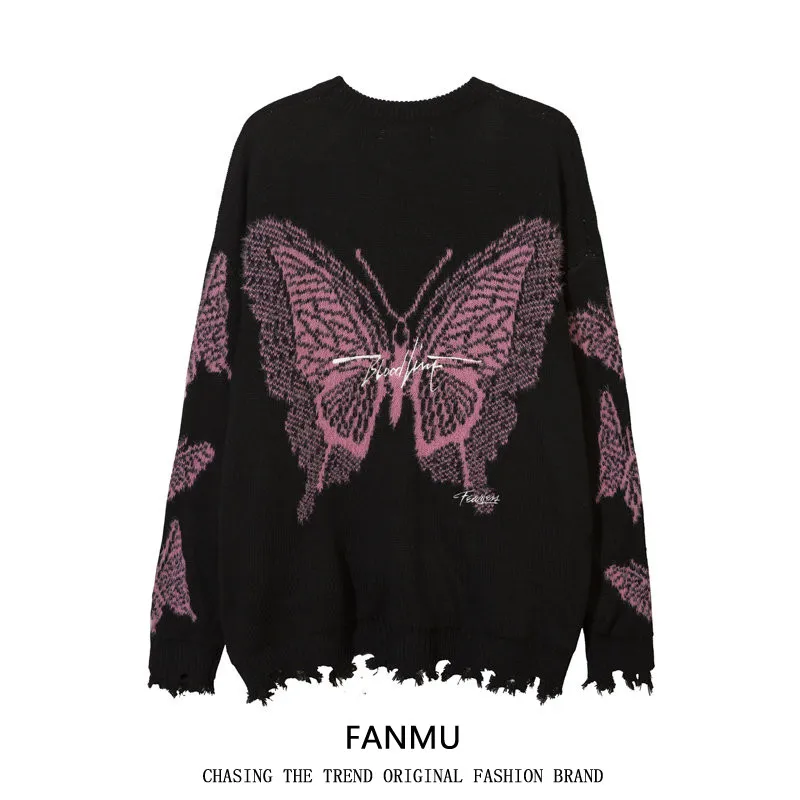 

High Street Trendy Brand Dark Style Butterfly Jacquard Knitted Sweater for Men/Women Autumn Winter Lazy Style Loose Couples Tops
